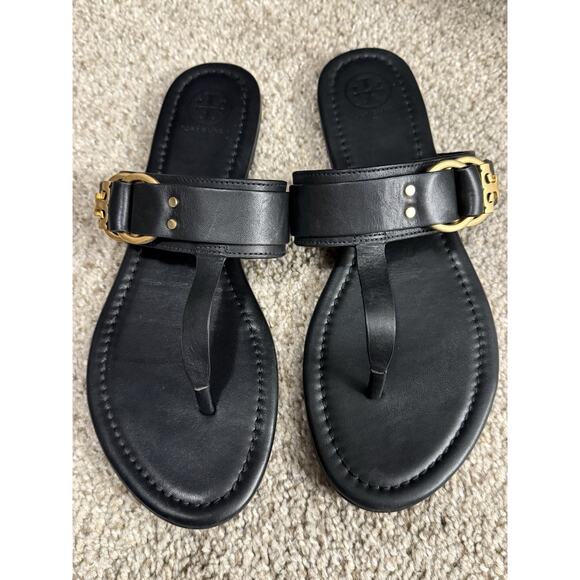 Tory Burch Marsden Sandals Size 8.5– Black Leather Flat Thong Gold Buckle - Picture 1 of 5